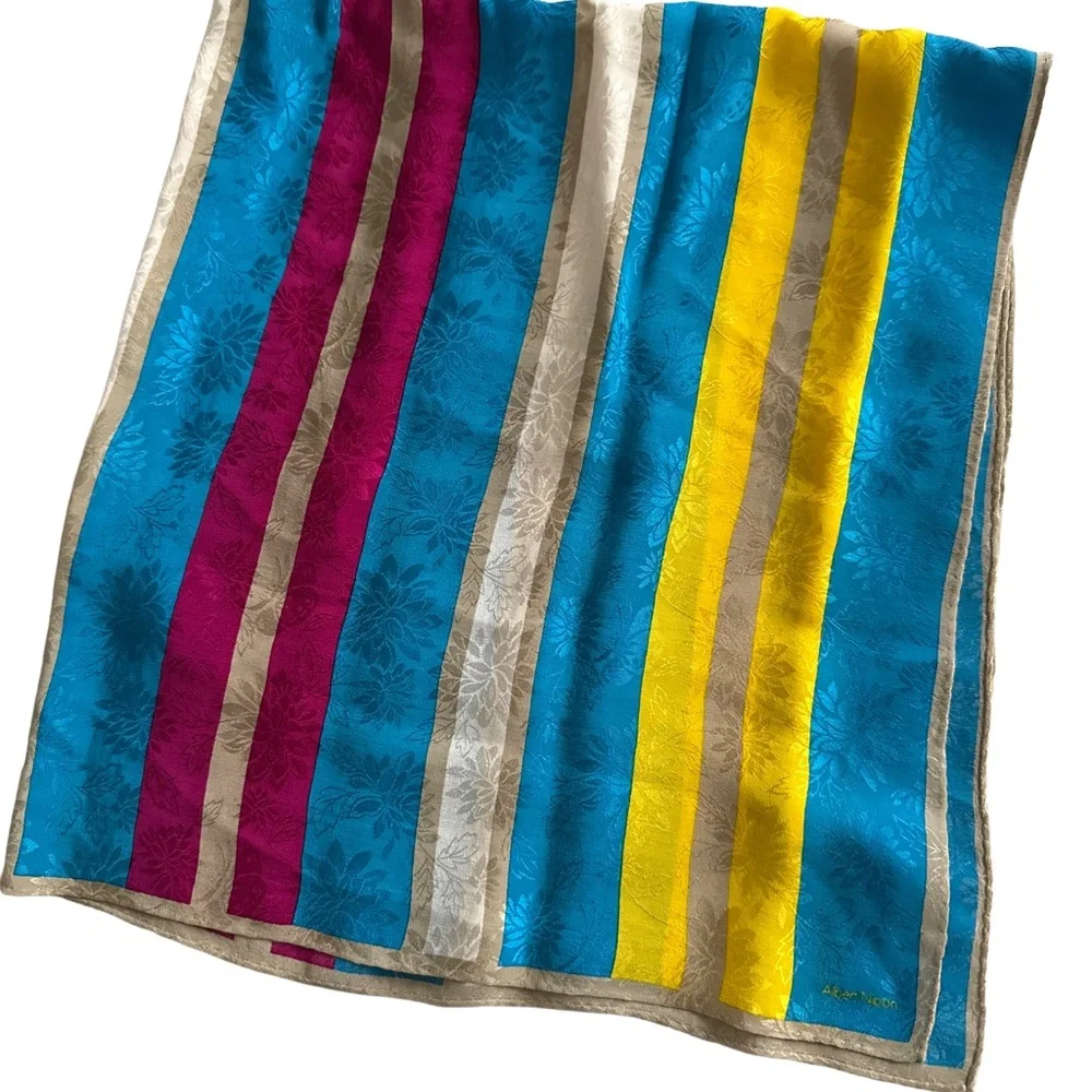 Albert Nipon Scarf Handkerchief Silk Blue Yellow Pink Striped l Floral Jacquard